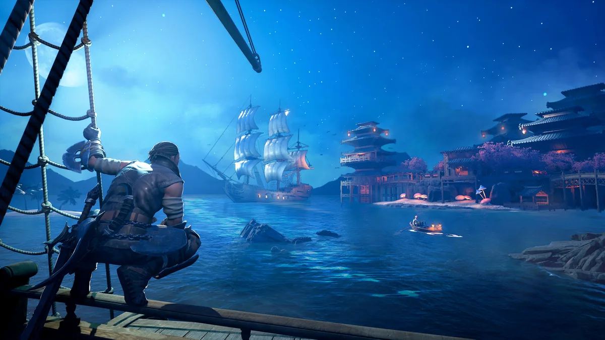 Character on a ship's rigging at night looking over sailing ships and a lit pagoda harbour