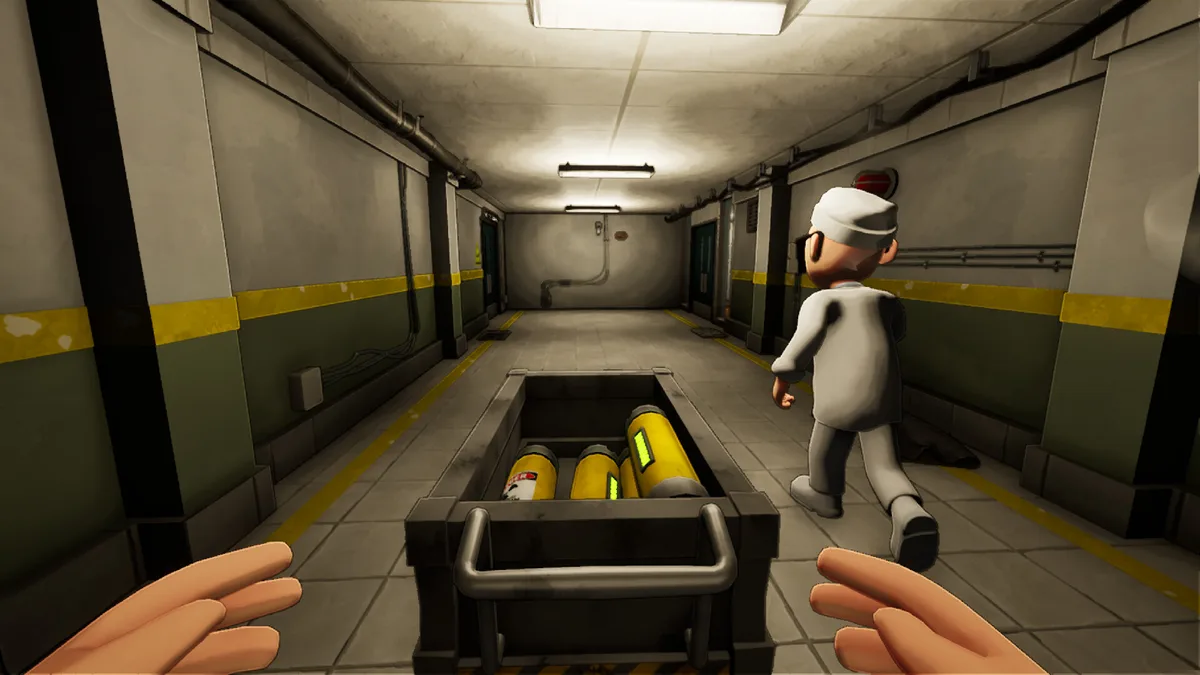 First-person view pushing a cart of yellow fuel canisters down a reactor corridor