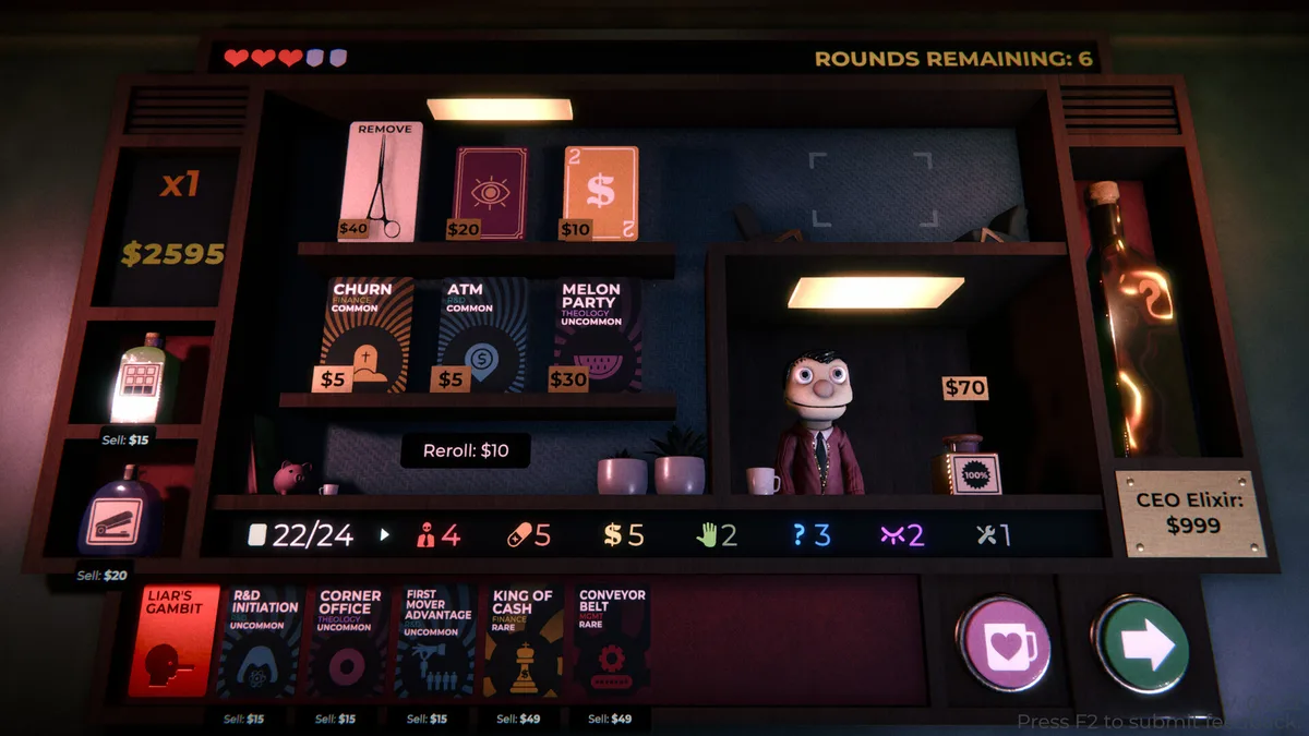 Card shop shelves with priced perk cards and a puppet in a suit behind the counter