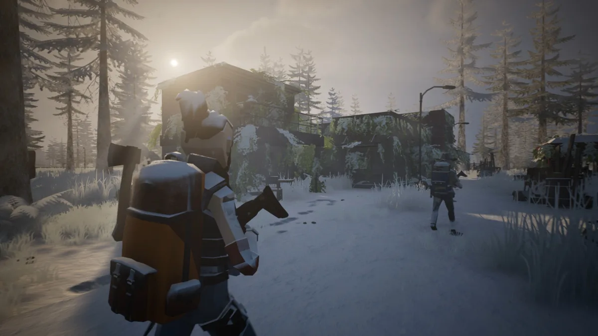 Survivor with a large backpack walking through a snowy, misty camp with other players nearby