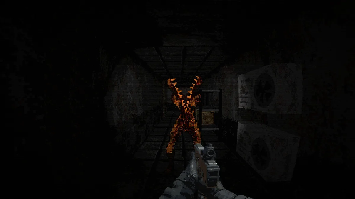 First-person pistol aimed at a glowing, orange-veined creature in a dark corridor