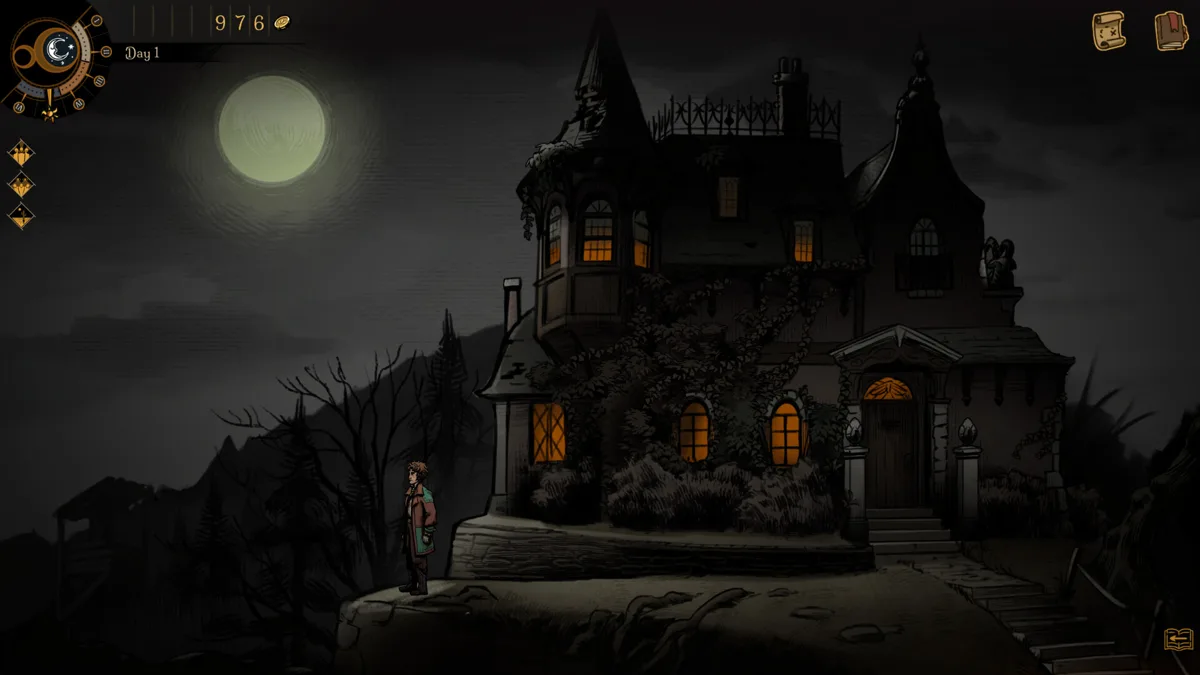 Dark mansion on a cliff under a full moon, with a lone figure standing to the left