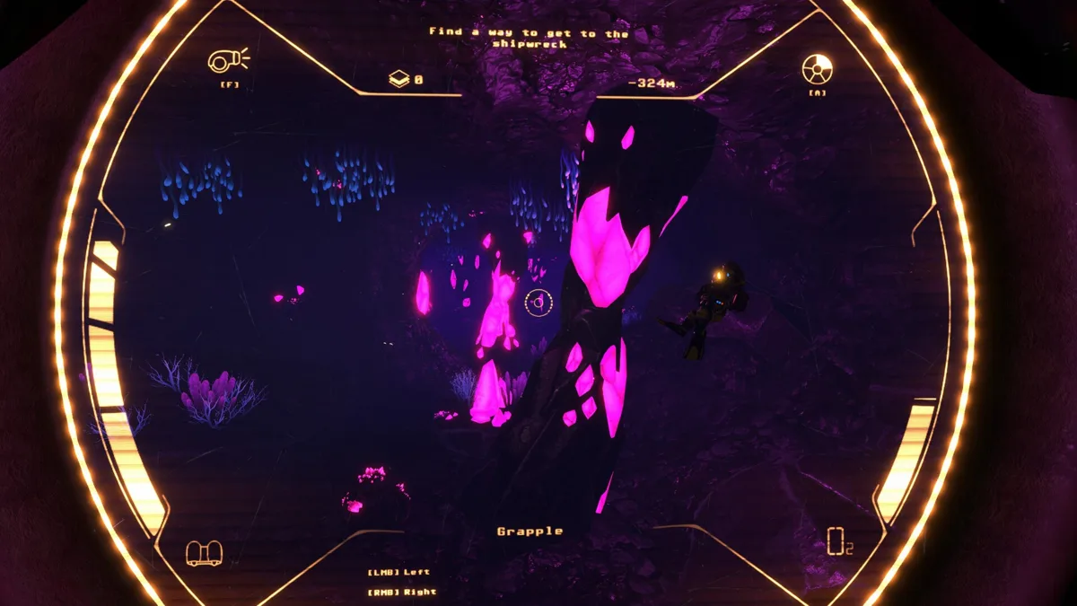 Diving-helmet view of glowing pink coral formations in dark water, with a depth readout
