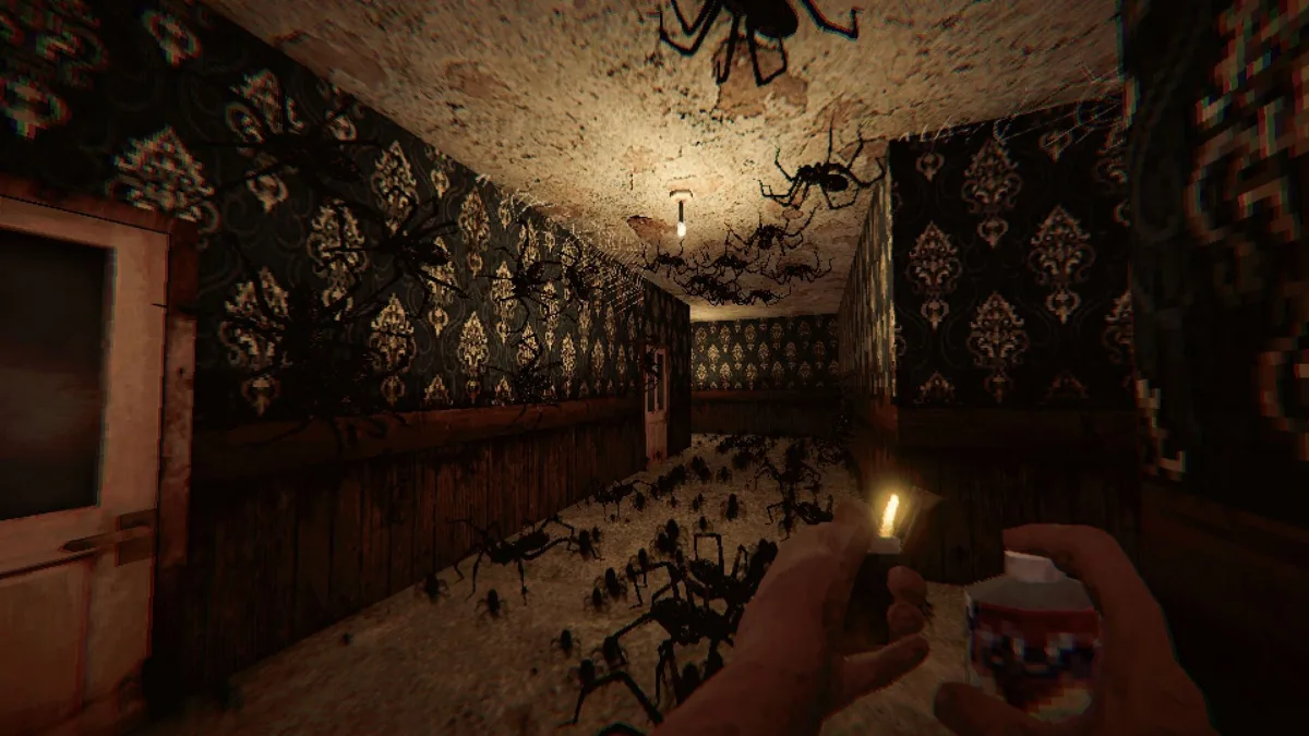 First-person hand holding a lighter in a wallpapered corridor crawling with spiders