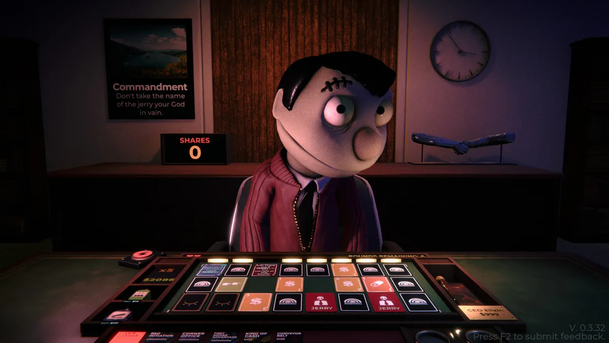 Puppet in a red suit behind a desk with a card board, a Commandment poster and a wall clock