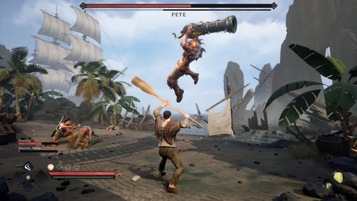Player swinging an oar at a leaping enemy named Pete who carries a cannon on a beach with ships behind