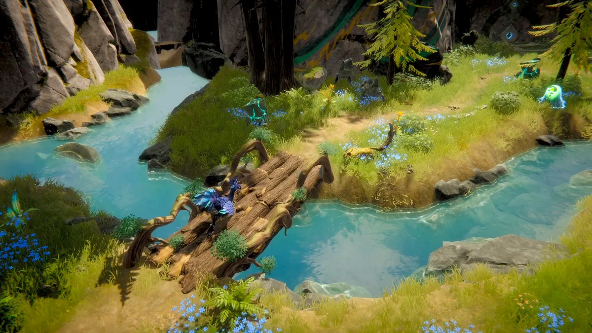 Player and a small blue creature crossing a wooden log bridge over a turquoise river in a green valley