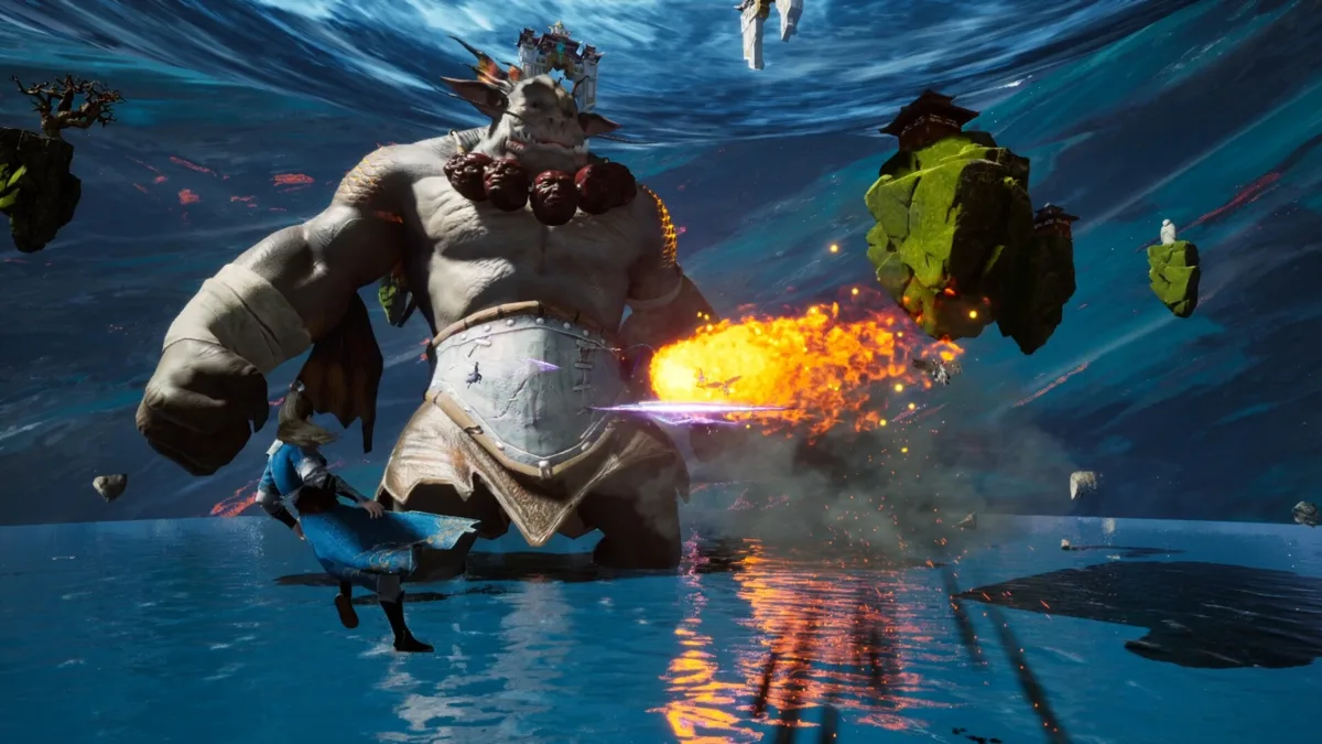 Giant horned stone titan standing in the sea and blasting fire at a flying player