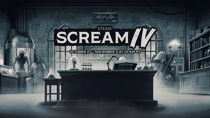 Steam Scream IV end card in a grey laboratory with a desk, specimen jars and the dates October 27 to November 3 at 10 AM PT