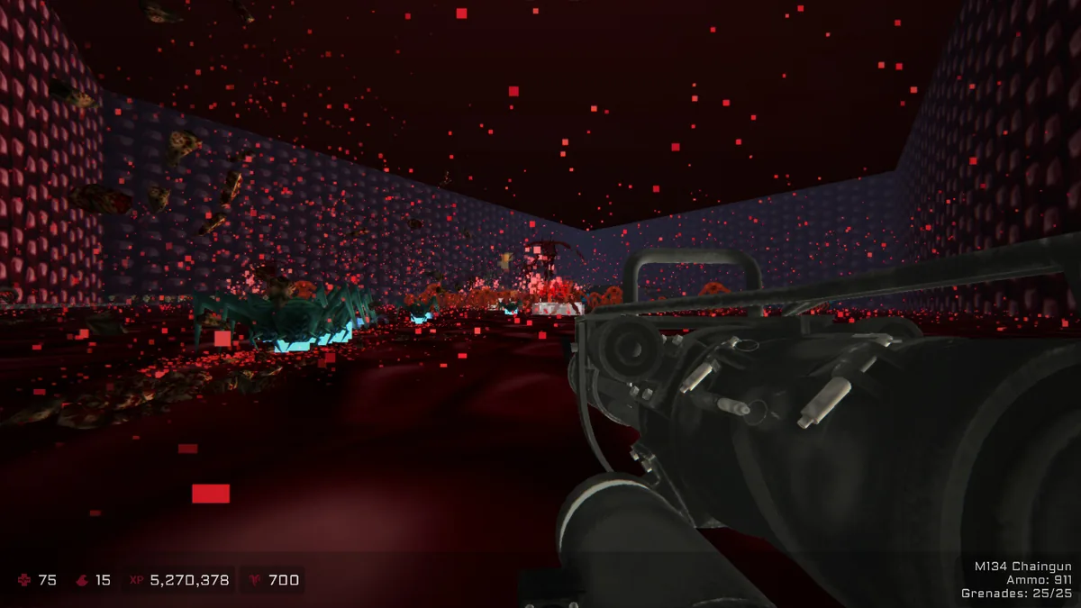 A player aims an M134 Chaingun down a blood-soaked corridor at cyan spider-like demons, HUD showing 911 ammo and 75 HP amid floating debris and red particle effects