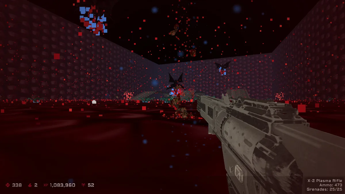 A player fires an X-2 Plasma Rifle at flying bat-like demons in a purple-walled arena with heavy red particle debris, HUD showing 473 ammo and 338 HP