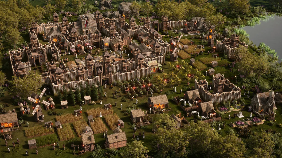 A palisade town with timber towers, wheat fields, windmills and cattle pens beside a lake
