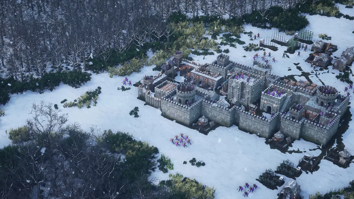 A pale stone castle on a snowfield, purple-banner troops massing below its walls during a winter siege