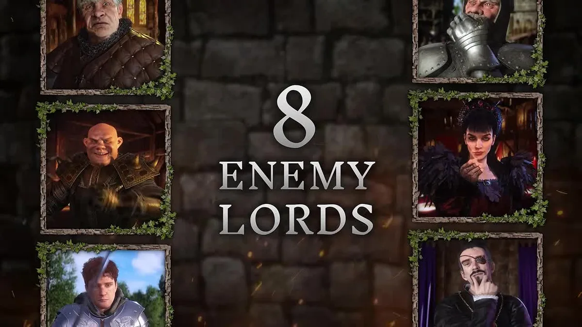 Six framed portraits of rival lords, including a bald brute, a dark-haired noblewoman and an eyepatched schemer, around the words 8 enemy lords