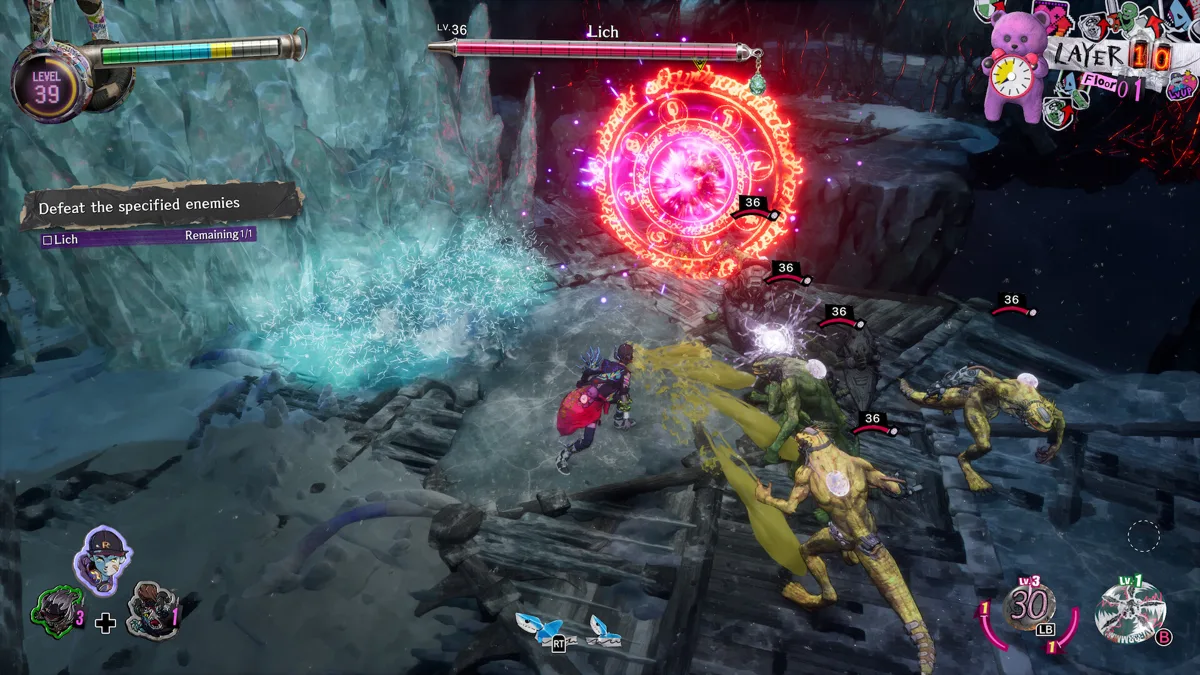 Davy fighting lizard-like enemies in a dark cave beside a glowing red magic circle