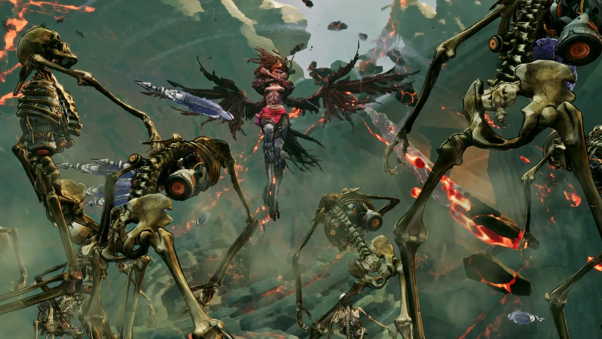 Winged Davy hovering between giant skeletal walkers in a misty battlefield