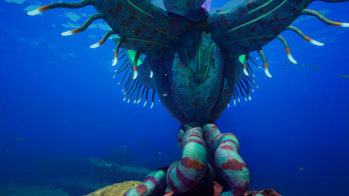 Subnautica 2 Angel Comb seen from below, its petal-like flaps and red-striped anchoring trunk spread against open water