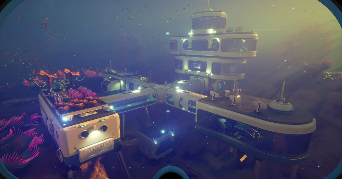Subnautica 2 modular base glowing above alien coral in a dark underwater biome