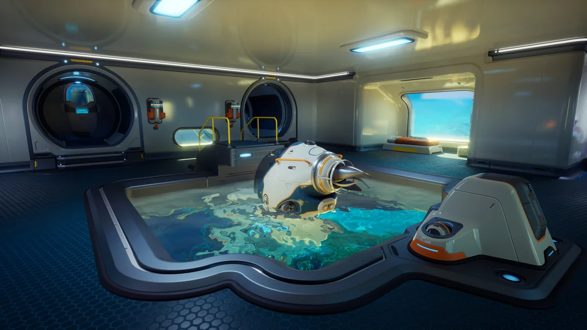 Subnautica 2 white submarine drone resting in a flooded base room with a bright window