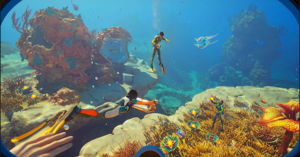 Subnautica 2 player swimming past the Collector Leviathan in the Sparse Plains biome with bioluminescent glow in dark water
