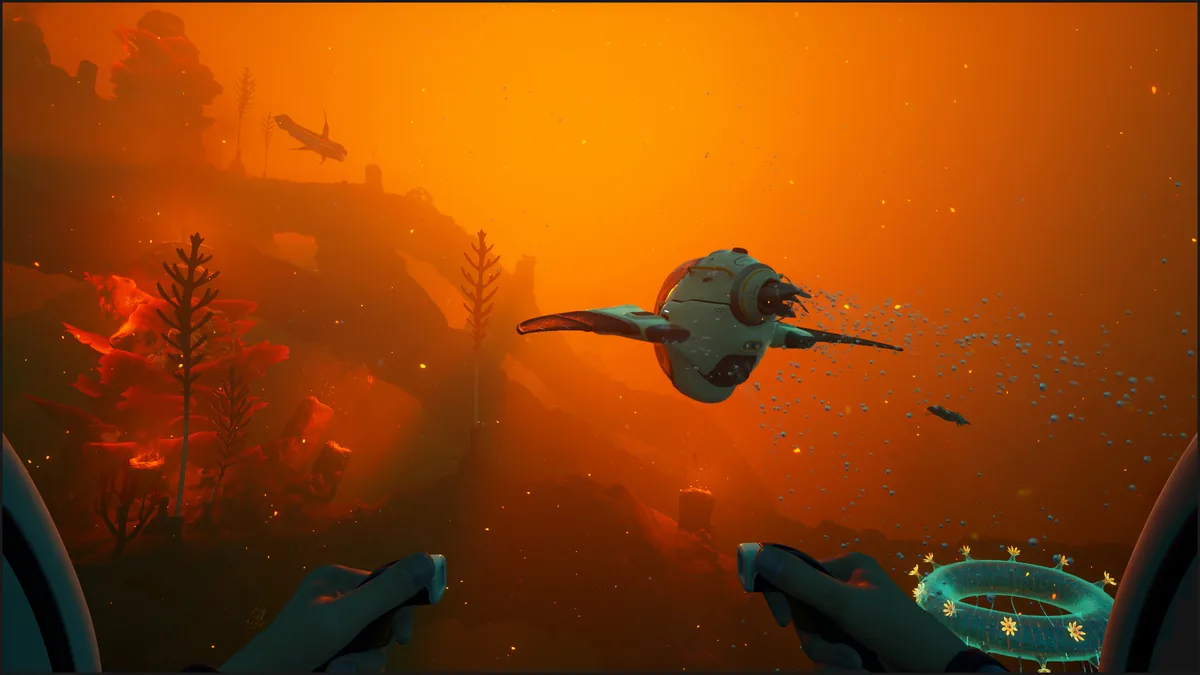 Subnautica 2 co-op players navigating the deep ocean biome with bioluminescent alien fauna visible in the distance