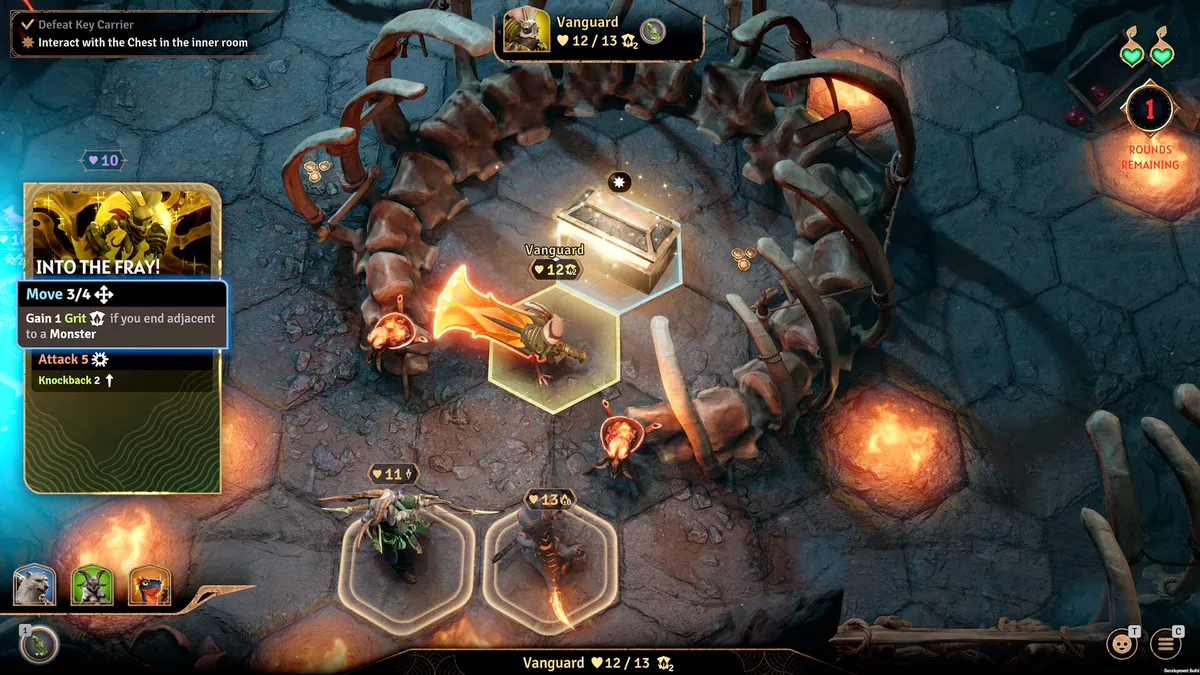 Sunderfolk co-op overview screen showing party positions on hex grid with Knockback arrow paths highlighted