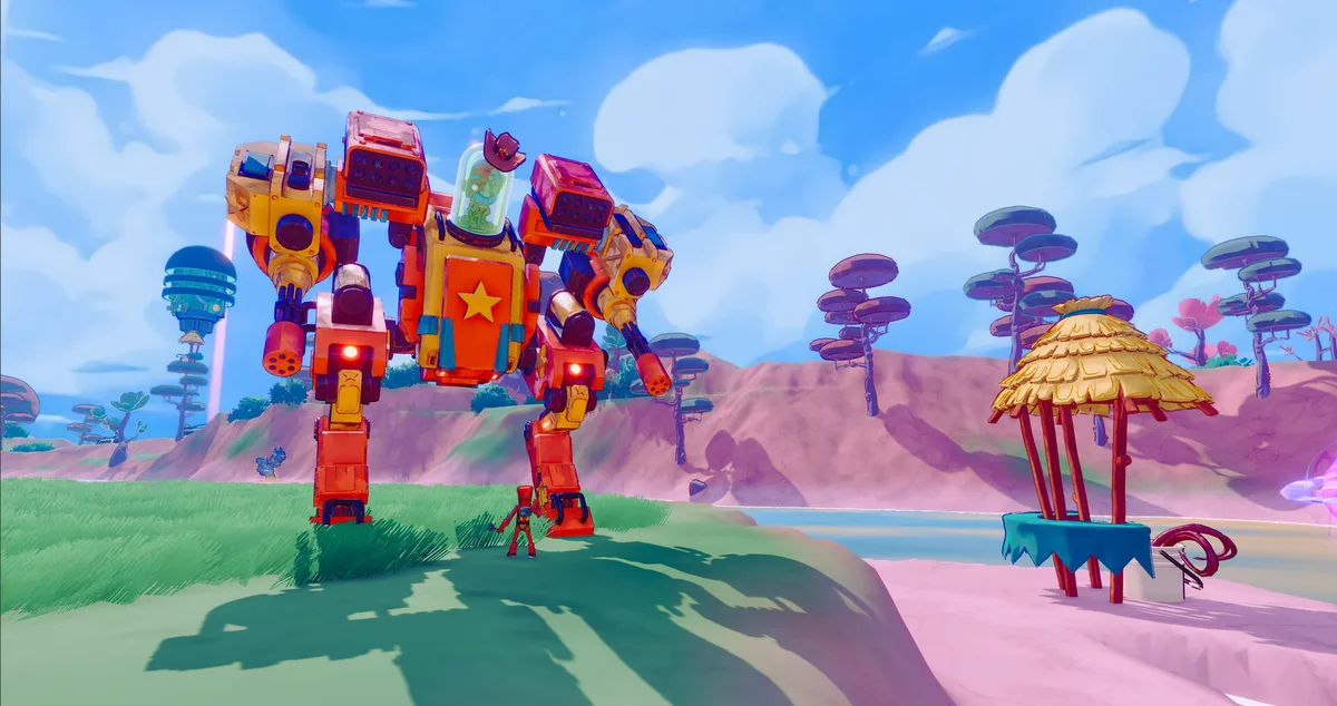 SWAPMEAT player standing before a massive modular mech boss on a colorful alien world with disc-shaped trees
