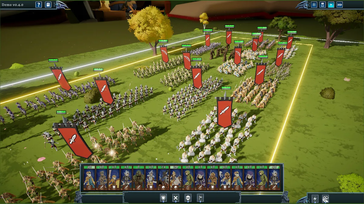 Tabletop Tavern pre-battle formation screen showing multiple unit blocks with banners arranged across a grass battlefield before an engagement