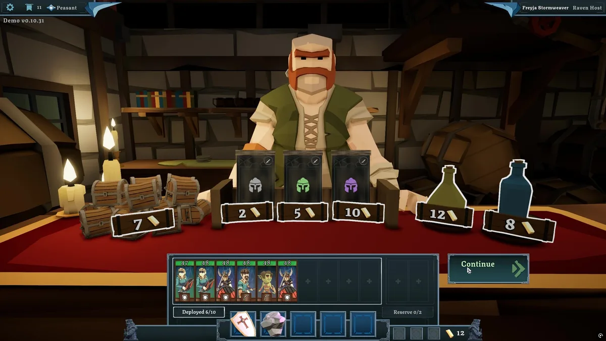 Tabletop Tavern merchant screen between battles showing priced gear boxes and potions on a tavern table, plus a deployed roster of 6 of 10 units