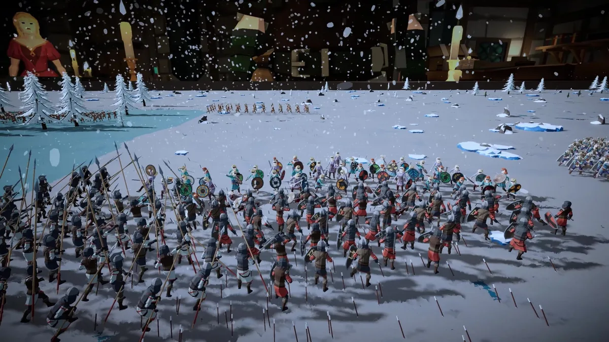 Tabletop Tavern battle scene showing a large infantry clash with units from different factions engaging across a flat terrain zone