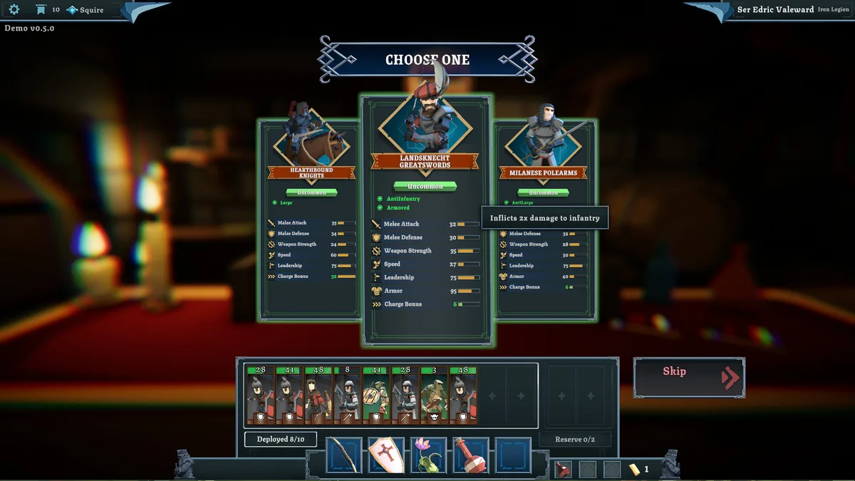 Tabletop Tavern army roster screen showing unit types, stats, and reserve slot management