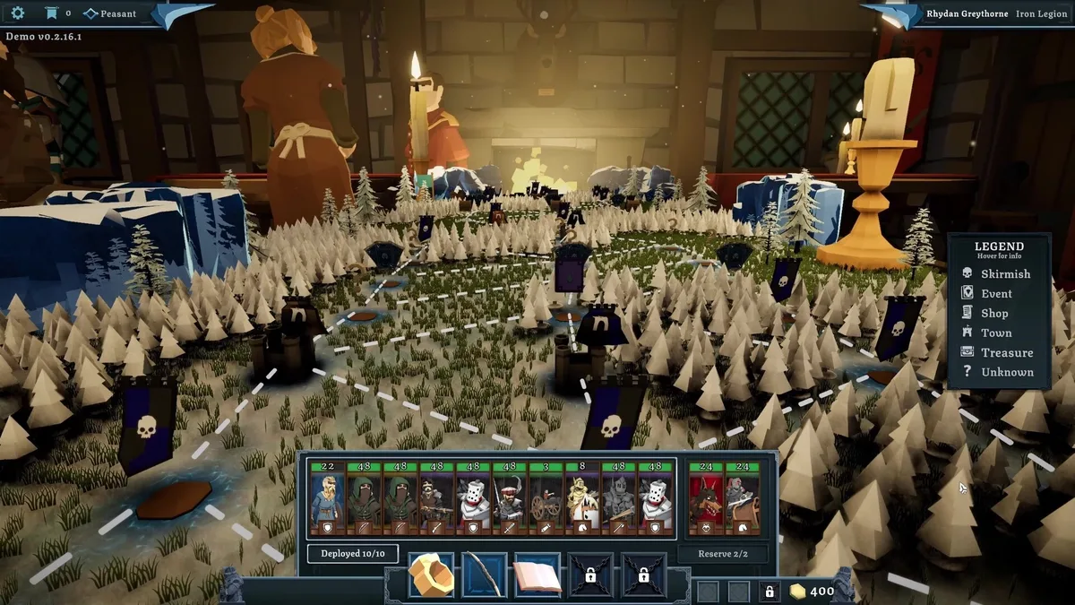 Tabletop Tavern mid-battle view showing a flanking cavalry unit hitting the rear of an enemy infantry formation