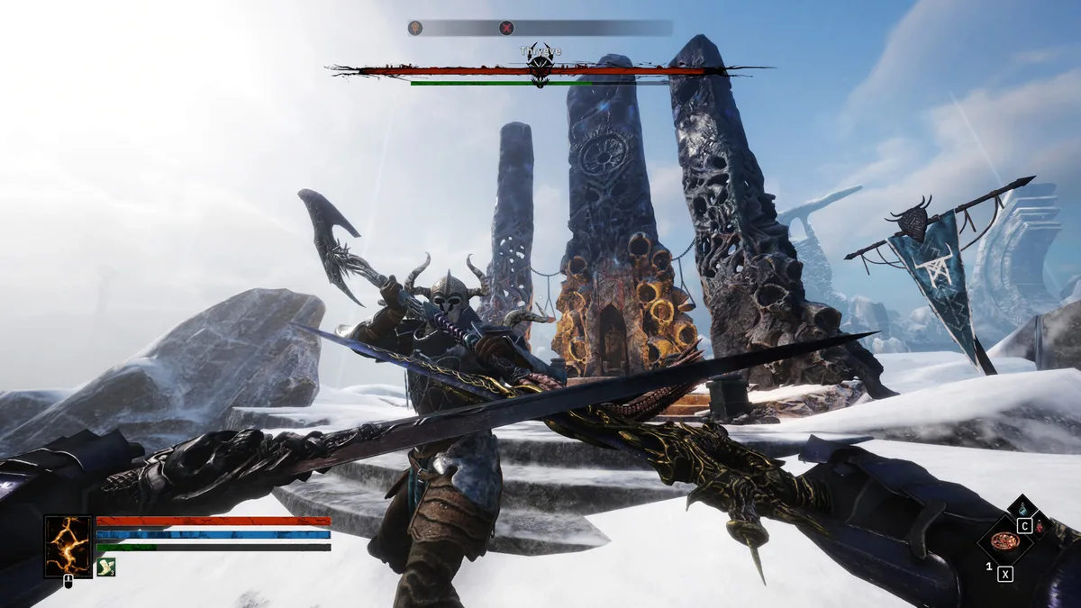 Tainted Grail Fall of Avalon first-person dual-blade combat against a named enemy called Thrygve, with skull-and-bone totem pillars in a snowy area