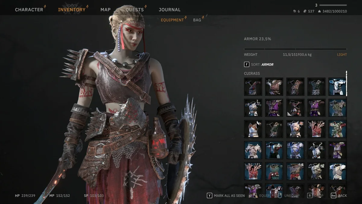 Tainted Grail Fall of Avalon inventory screen showing armor equipment selection with a spiked cuirass equipped and a grid of alternate armor pieces