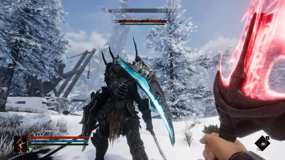 A player in combat aims a weapon at an armored enemy labeled Fore-Dweller Warrior in a snowy region, a consumable item visible on the hotbar