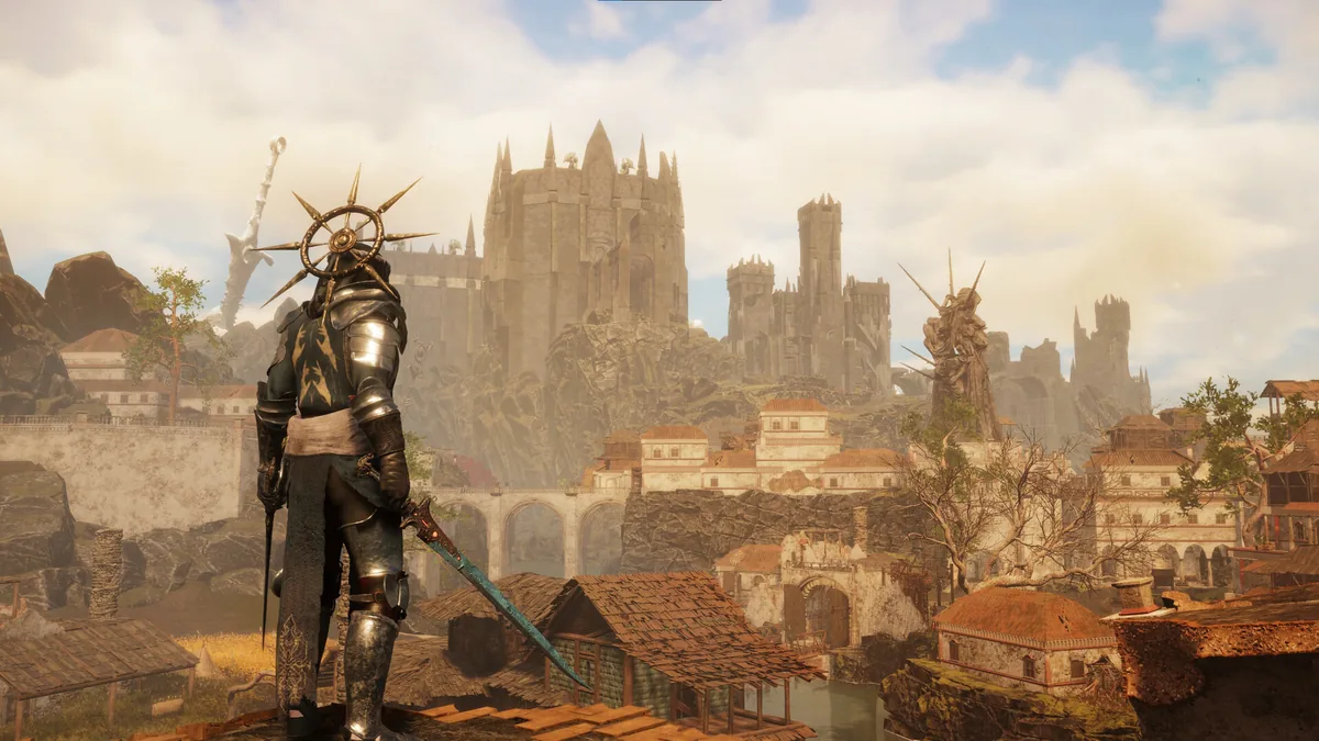 An armored knight overlooks a hillside settlement with a large castle rising through mist in the distance