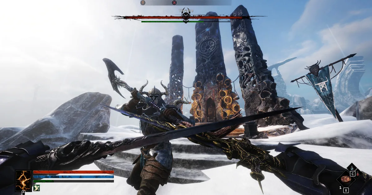 Tainted Grail Fall of Avalon player facing a skeletal enemy with crossed swords at a snowy monolith arena