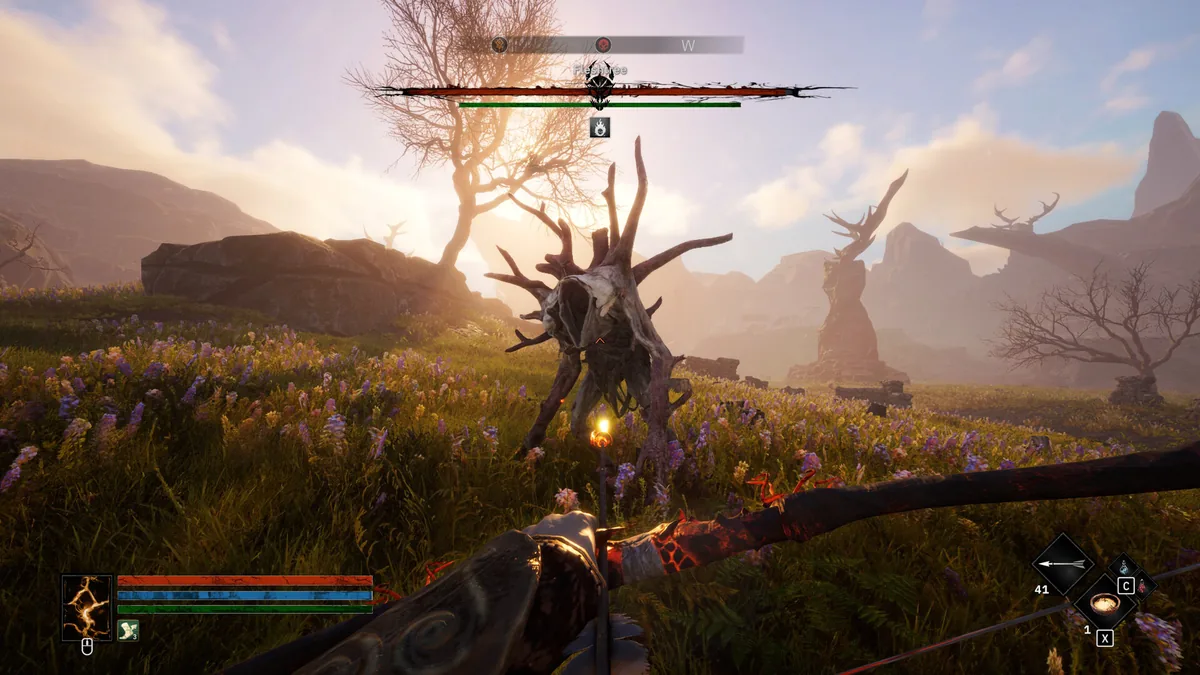 Tainted Grail Fall of Avalon player aiming a bow at a tree-like enemy in a sunlit flower field