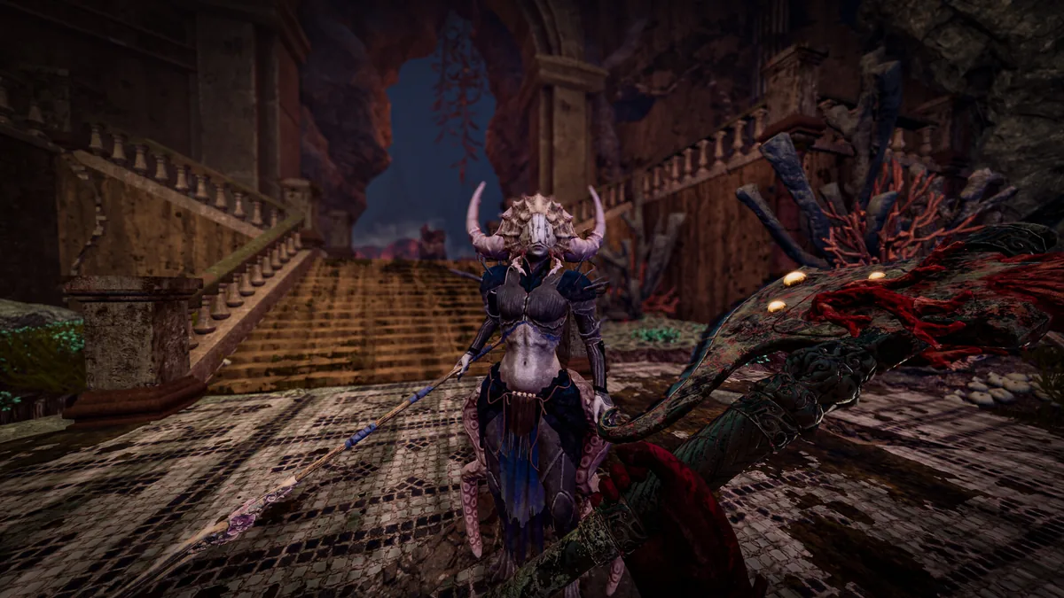 A horned aquatic enemy wielding a spear standing in a ruined temple corridor with a decayed sea creature in the foreground