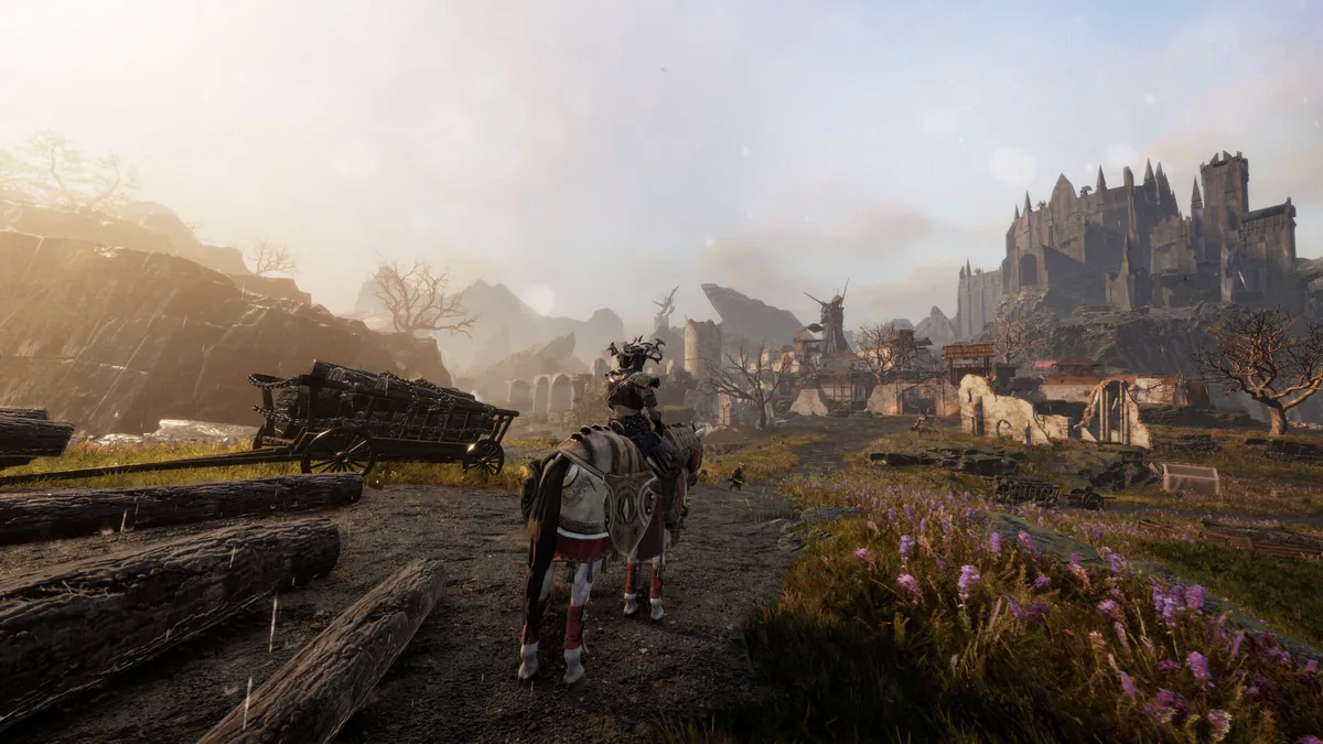 Tainted Grail Fall of Avalon character riding a horse toward a ruined village and distant castle