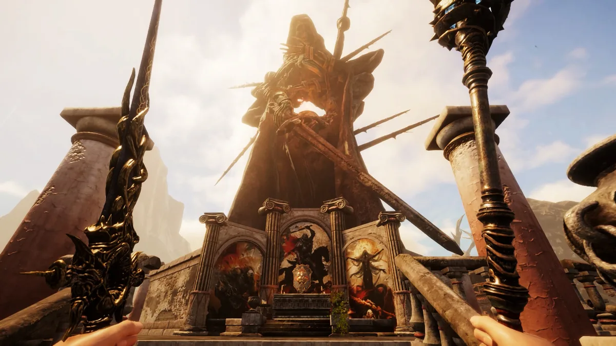 Tainted Grail Fall of Avalon dual-wielding sword combat facing a towering ominous statue shrine with murals and spikes