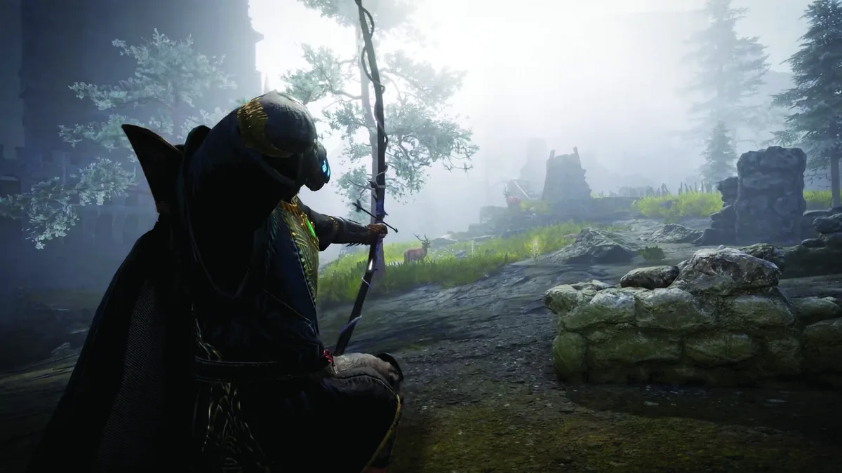 Hooded archer drawing a bow in a misty forest near ruined stone walls, a deer visible in the clearing ahead
