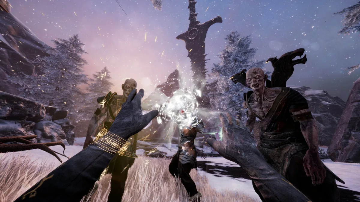 A spellcaster's glowing hands cast magic against pale undead enemies in a snowy forest clearing at dusk