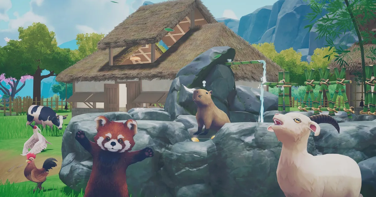 A red panda, capybara, dairy cow, white goat, rooster, and ibis gathered around a stone spring outside a thatched-roof ranch building