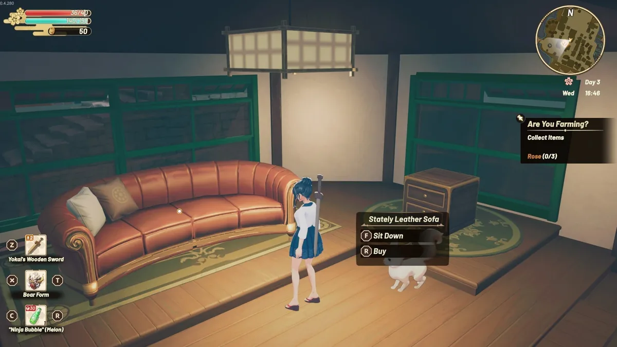 In-game quest tracker showing a Rose (0/3) collection request beside a furniture shop's Stately Leather Sofa purchase prompt, with Boar Form visible in the player's hotbar