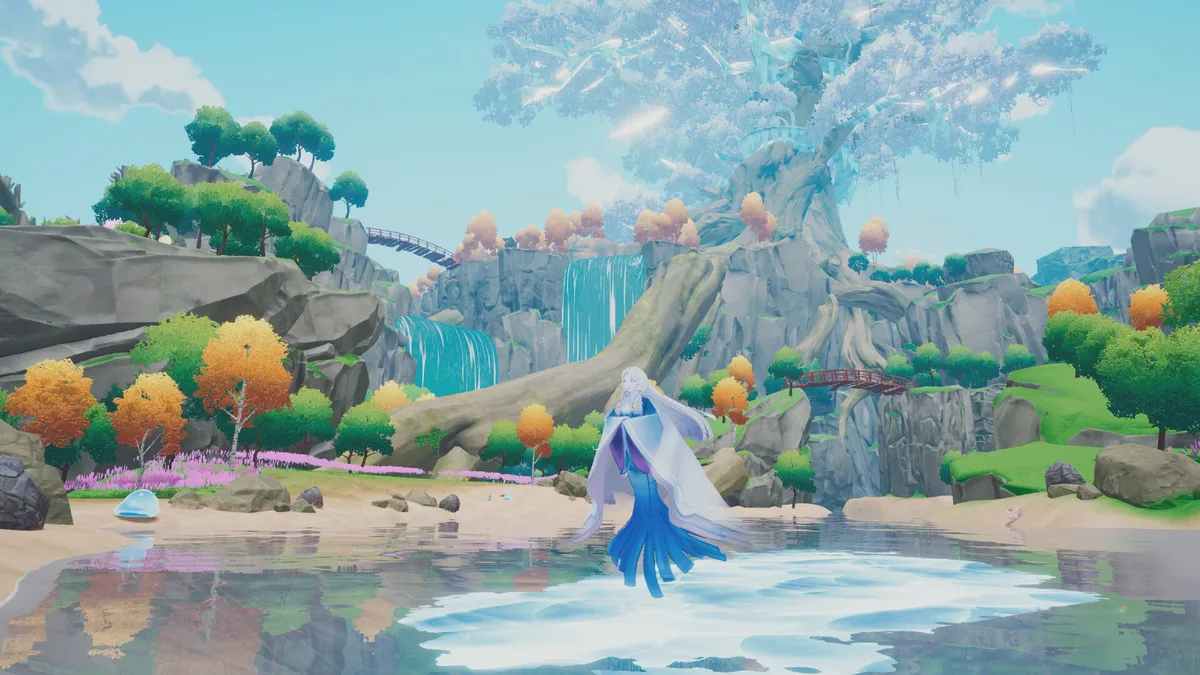 Player character in spirit yokai form standing before a glowing waterfall cliffside zone with magical autumn trees