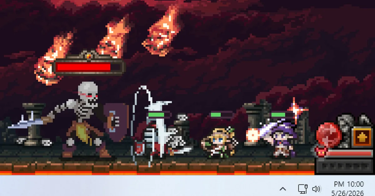 Task Bar Hero party fighting a skeleton knight boss, with a green-haired healer and a bow-wielding Ranger visible mid-combat
