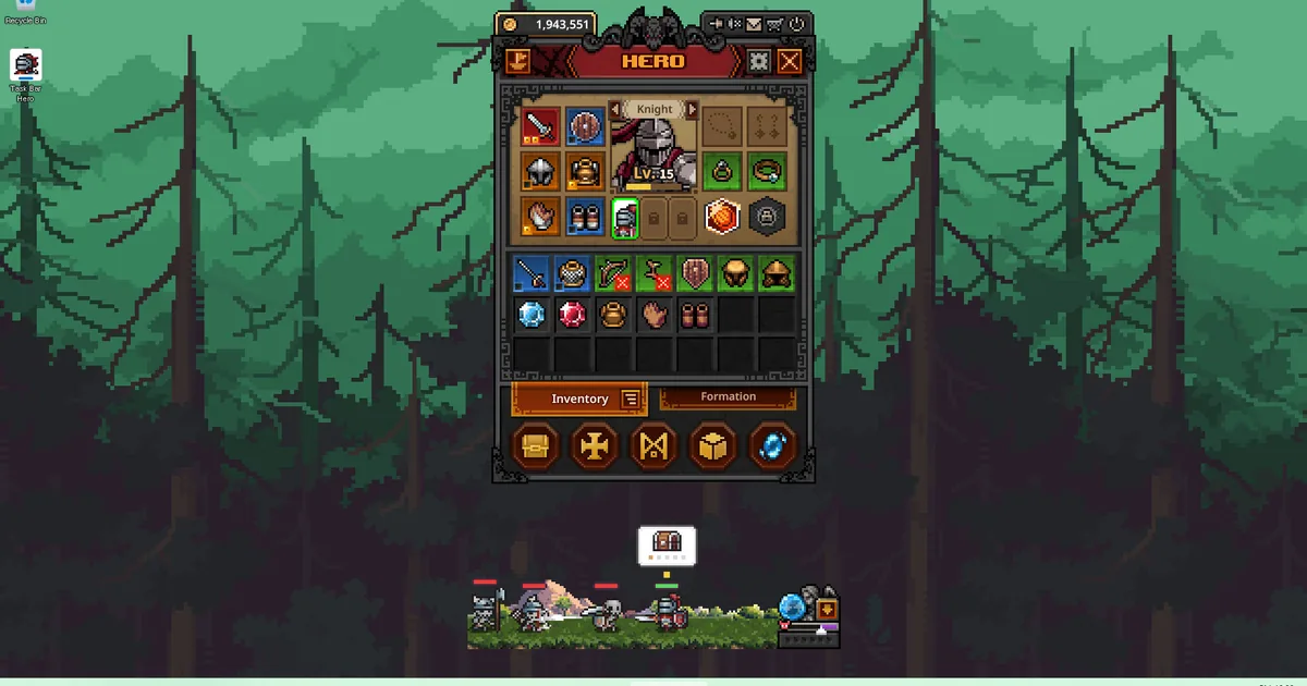 Task Bar Hero Knight equipment screen at level 15, showing gear slots and the party fighting skeletons in the small taskbar-docked combat window below