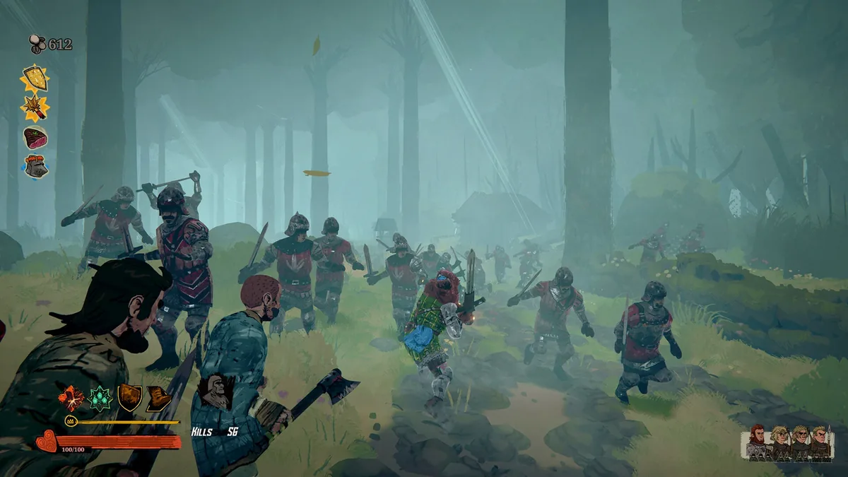 Tears of Metal co-op battle in a misty forest, four-fighter party indicator visible as warriors cut through a charging horde