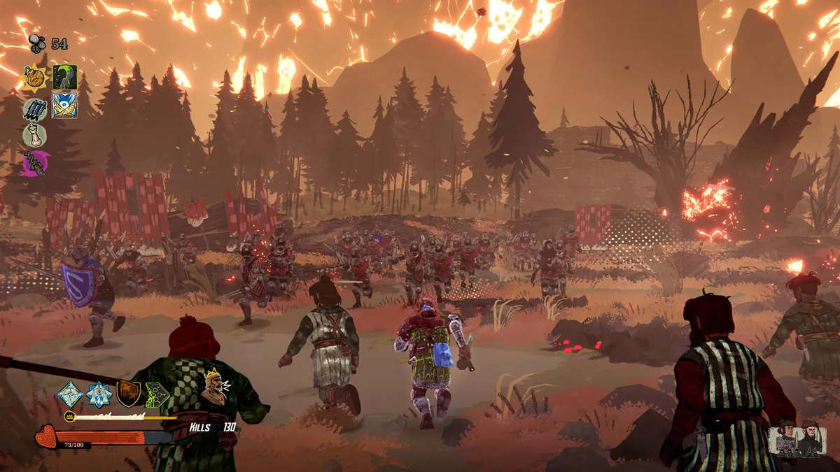 A squad of plaid-clad Scottish battalion warriors approaching a burning battlefield with enemy formations visible ahead in Tears of Metal